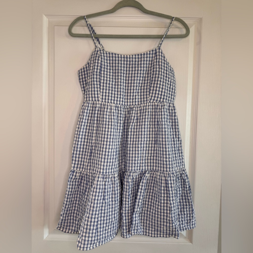 Cotton On Blue & White Gingham Tiered Spaghetti-Strap Mini Dress